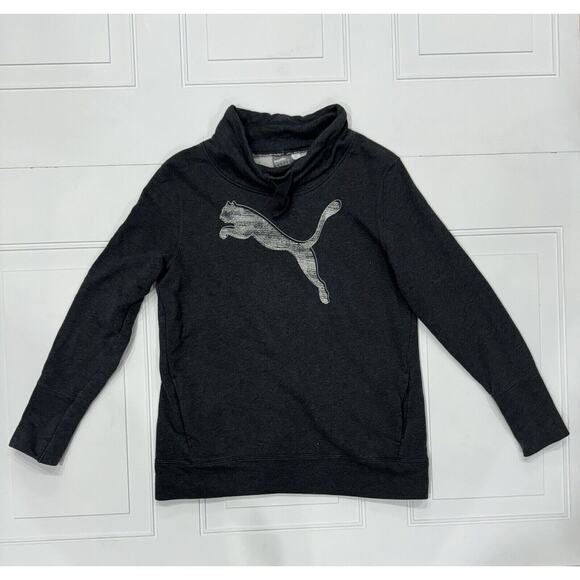 PUMA Sweatshirt Womens Size XL Gray Logo Kangaroo Pocket Cowl Neck Flood Neck - Picture 1 of 6